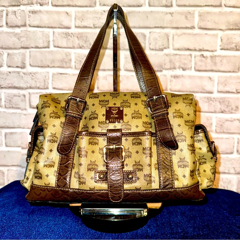 MCM Visetos Monogram Buckle Shoulder Tote Bag Cognac Brown Vintage